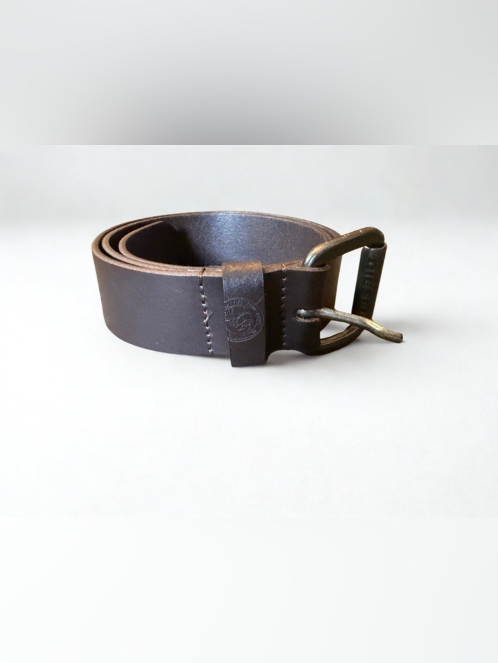 Diesel Dark Brown Leather Belt with Antiqued Brass Buckle